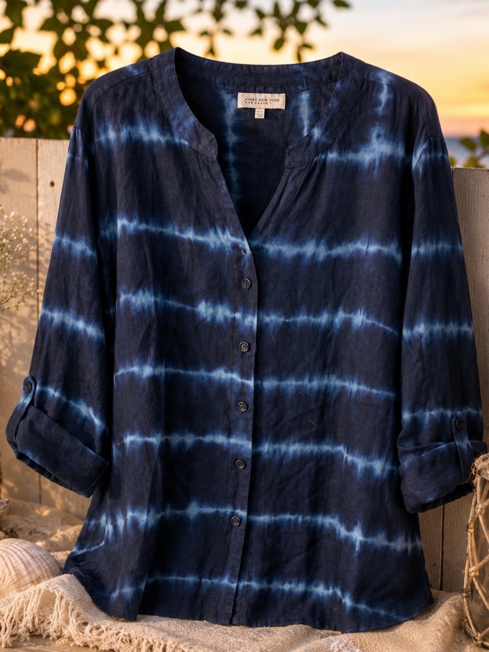Jones New York Sport 3X 100% Linen Navy Tie Dye Roll Tab Blouse